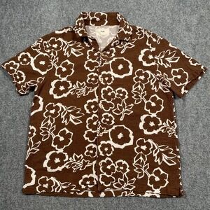 Folk Shirt Mens Large Brown Cream Floral Print Button Up Hawaiian Casual Adult L